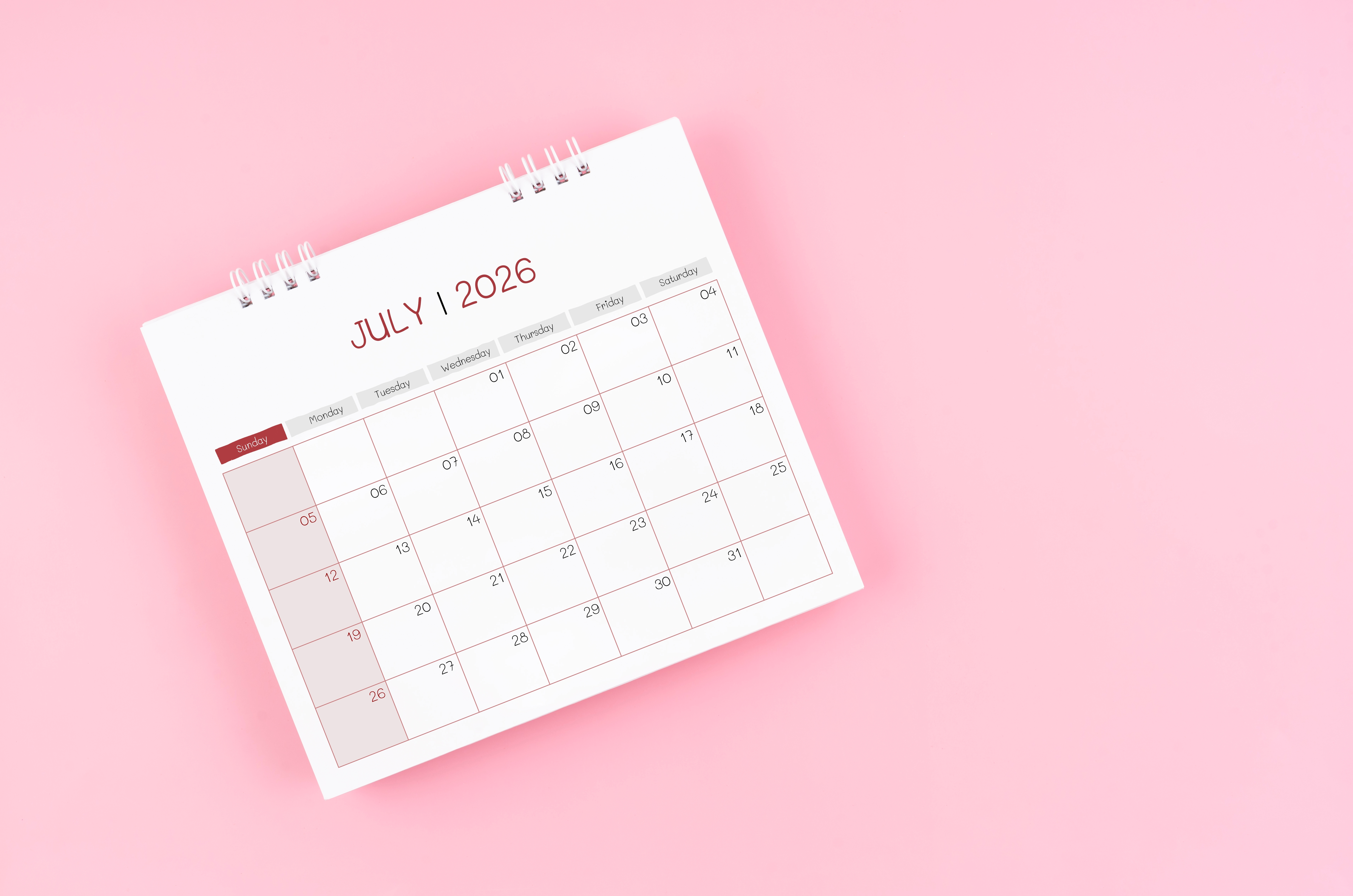 July,Desk,Calendar,For,2026,Year,On,Pink,For,Schedule